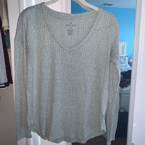 American Eagle Mint Ribbed V Neck Long Sleeve